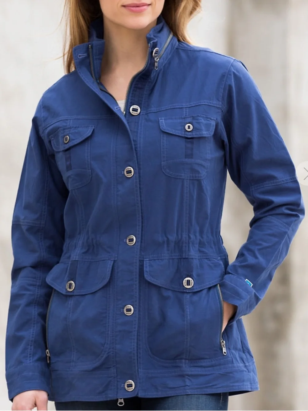 Kuhl Women’s Rekon Canvas Jacket Blue Depths EUC Hooded Pockets Hiking Small